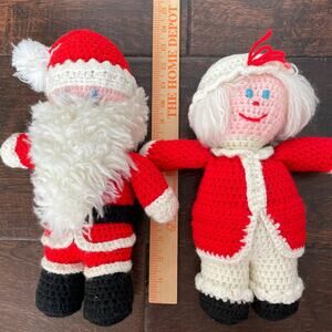 Vintage Handmade Santa & Mrs Claus Dolls Crocheted Christmas Knit Decoration